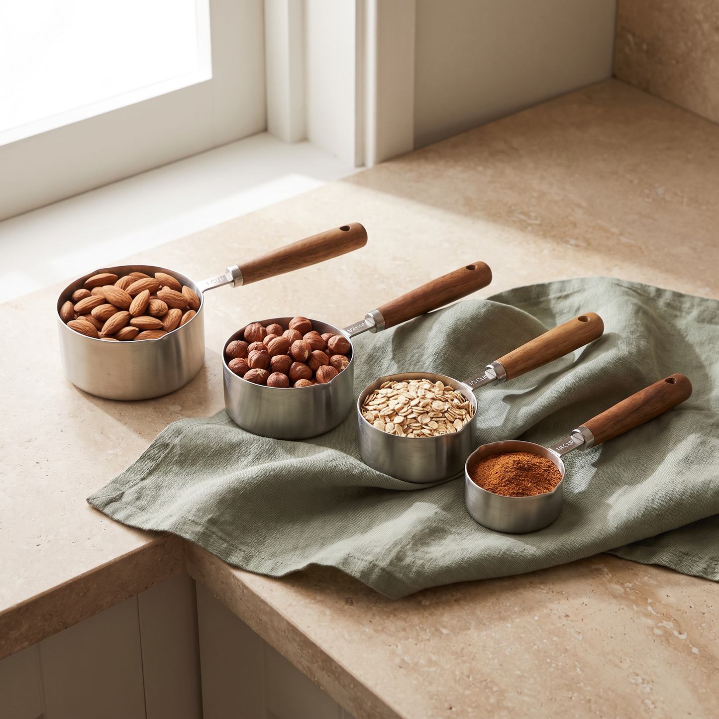 Lattveo measuring cup set with wooden handles filled with almonds, hazelnuts and oats