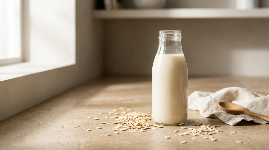 Fresh homemade oat milk in a glass bottle with rolled oats