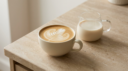 Flat white with silky microfoam and oat milk pitcher
