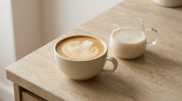 Flat white with silky microfoam and oat milk pitcher