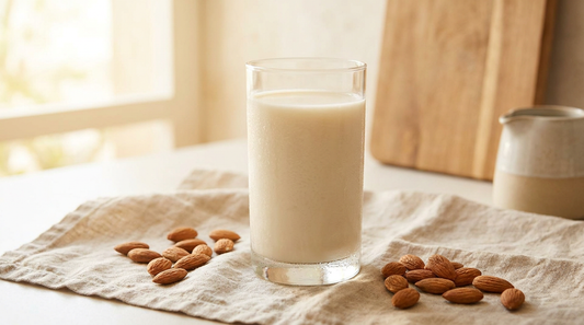 Creamy almond milk with raw almonds on beige linen