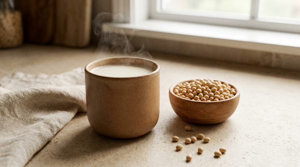 Warm soy milk with steam and dried soy beans