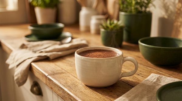 Thick hot chocolate in a cream mug with cocoa dusting