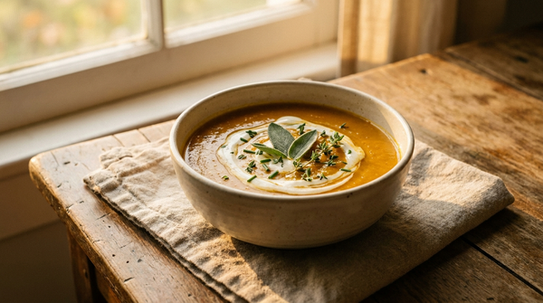 Silky pumpkin and carrot soup with cream swirl
