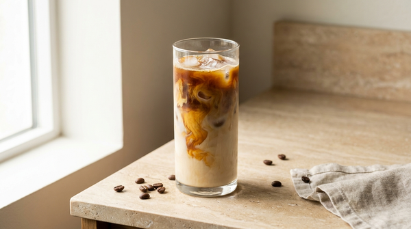 Iced vanilla oat latte with espresso marbling over ice