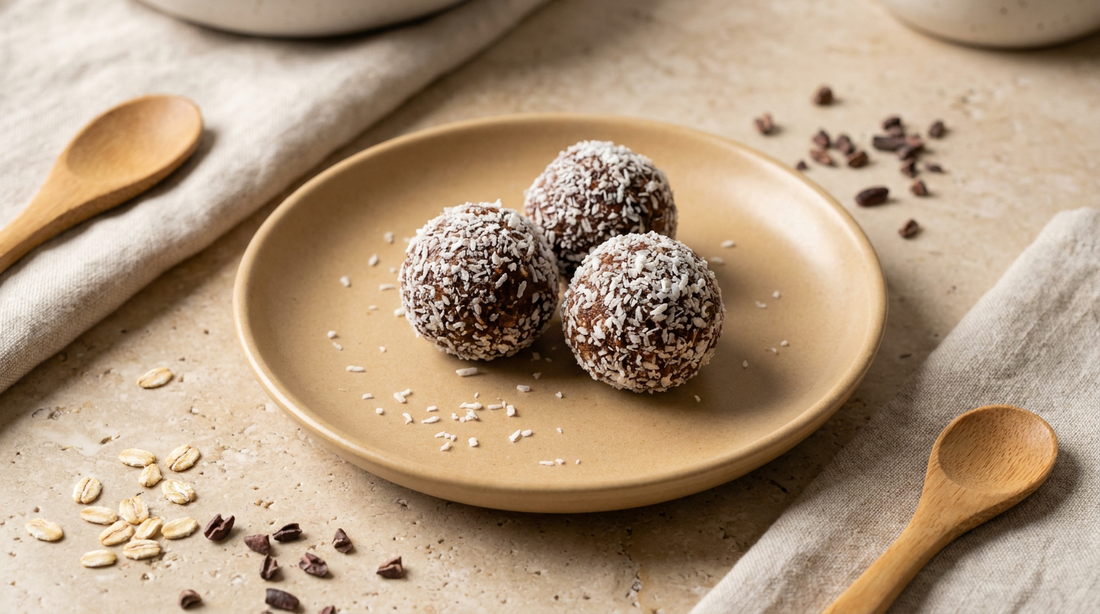 Chocolate energy balls rolled in coconut flakes