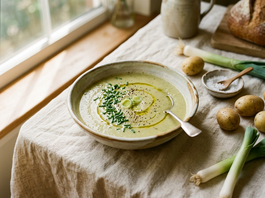 Silky leek and potato soup made in the Lattveo One plant milk maker