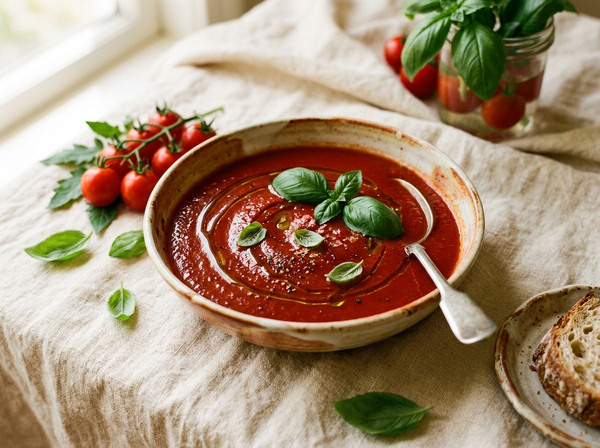 Fresh tomato and basil soup made in the Lattveo One plant milk maker