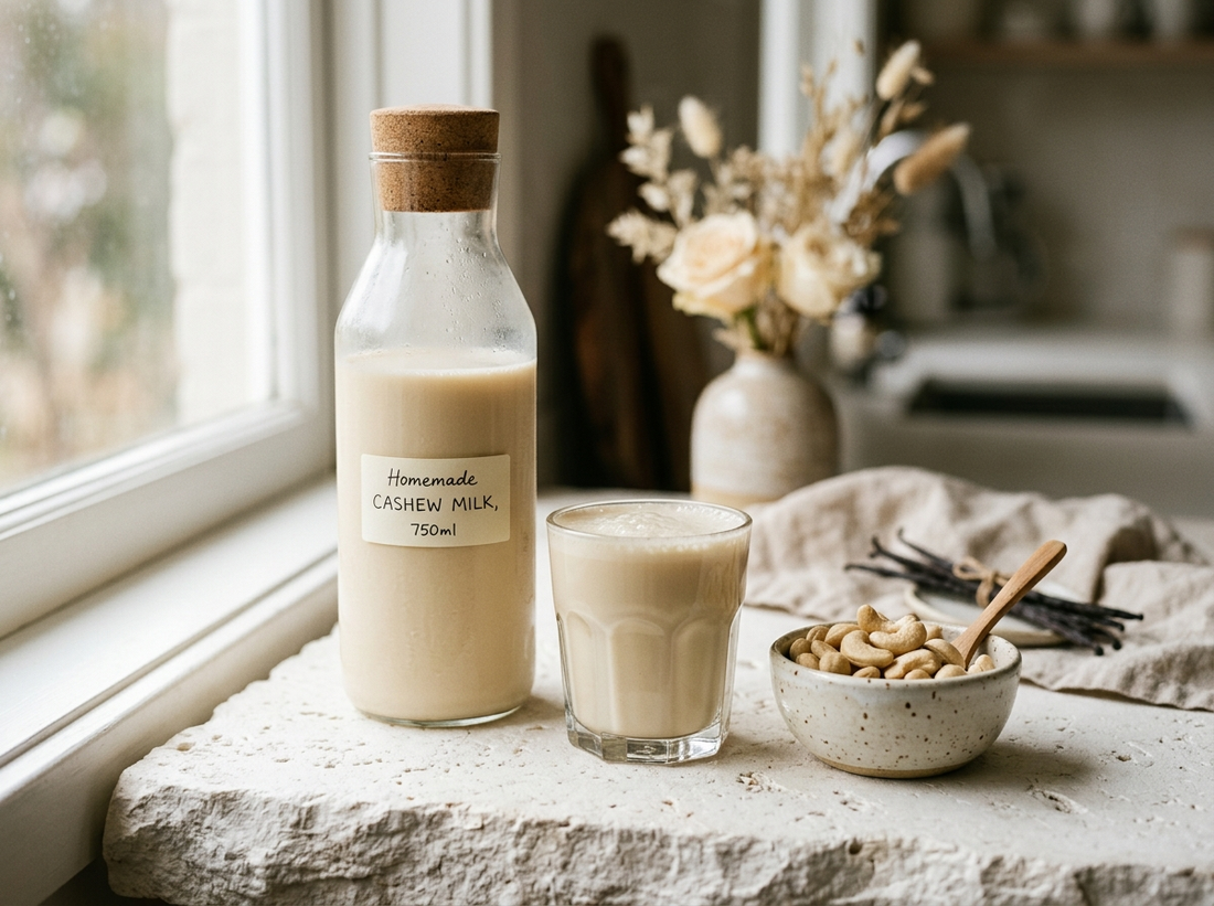 Creamy homemade cashew milk in a glass bottle