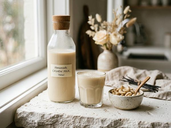 Creamy homemade cashew milk in a glass bottle
