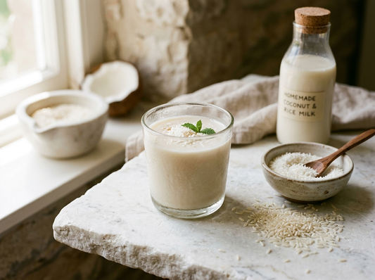 Homemade coconut and rice milk, nut-free plant milk