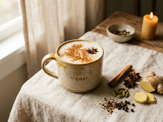 Spiced chai oat latte with cinnamon and cardamom