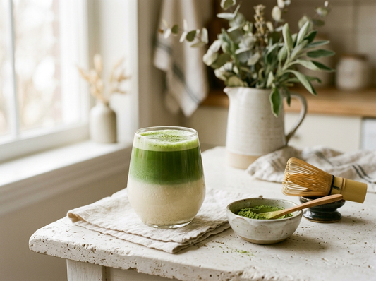 Layered matcha oat latte in a glass