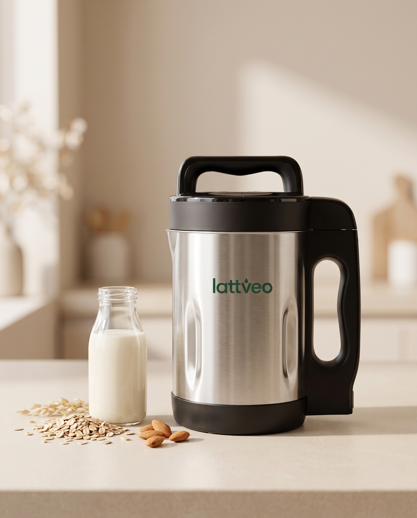 Lattveo One plant milk maker on a kitchen counter with fresh oat milk, oats and almonds
