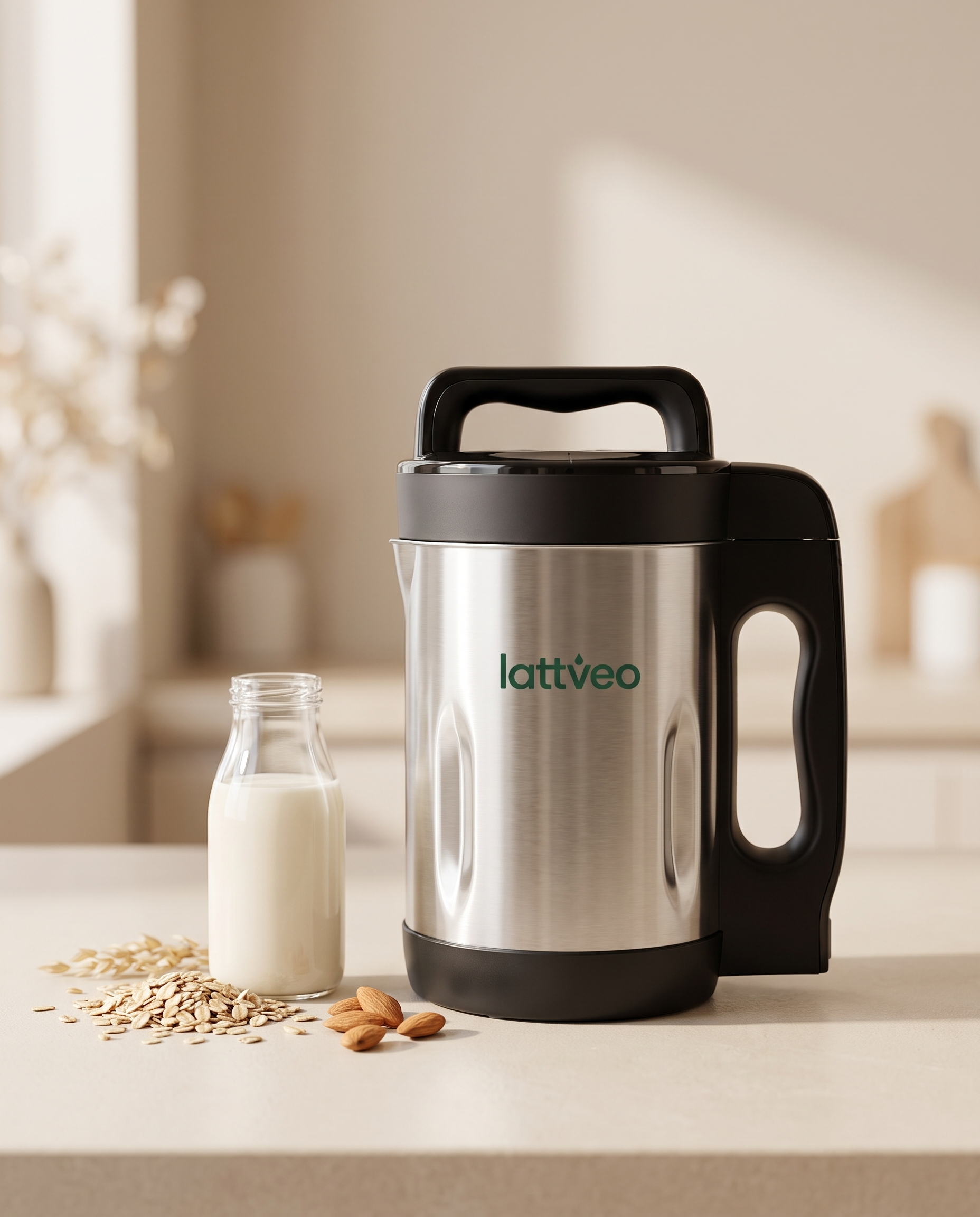Lattveo One plant milk maker on a kitchen counter with fresh oat milk, oats and almonds