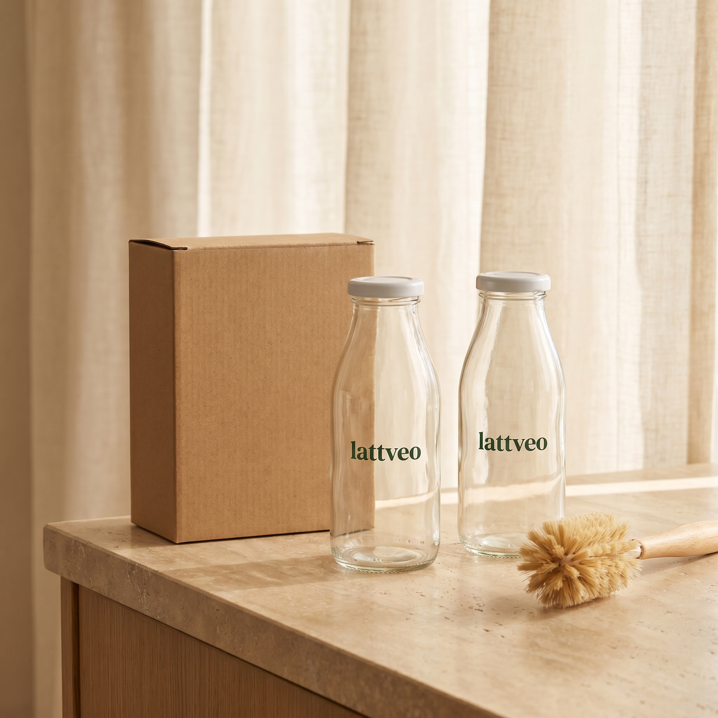 Lattveo glass milk bottles two-pack with natural cleaning brush and kraft box