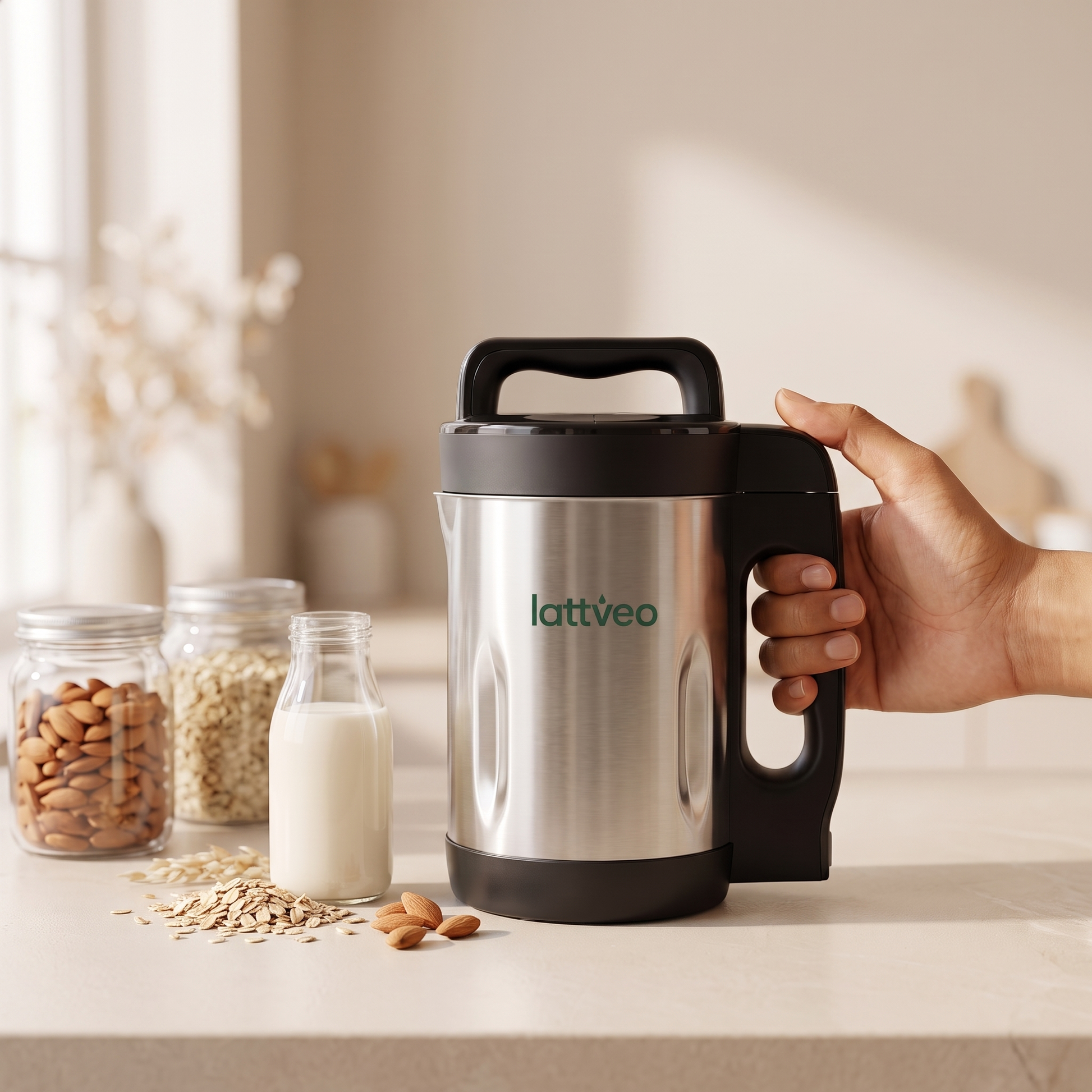 Lattveo One plant milk maker held by the handle on a kitchen counter
