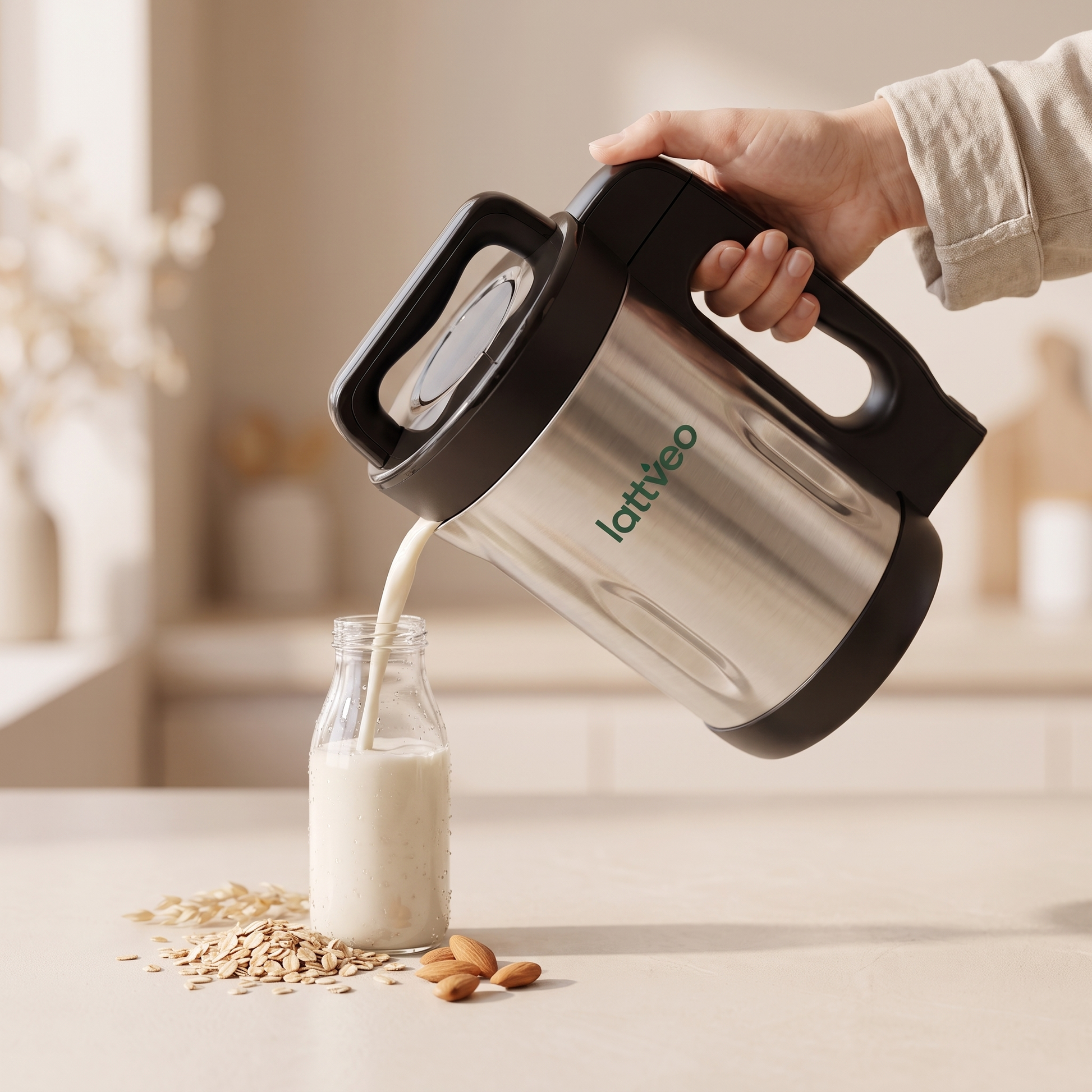 Lattveo One pouring fresh oat milk into a glass bottle