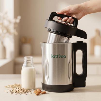 Lattveo One lid lifted showing the stainless steel filter basket
