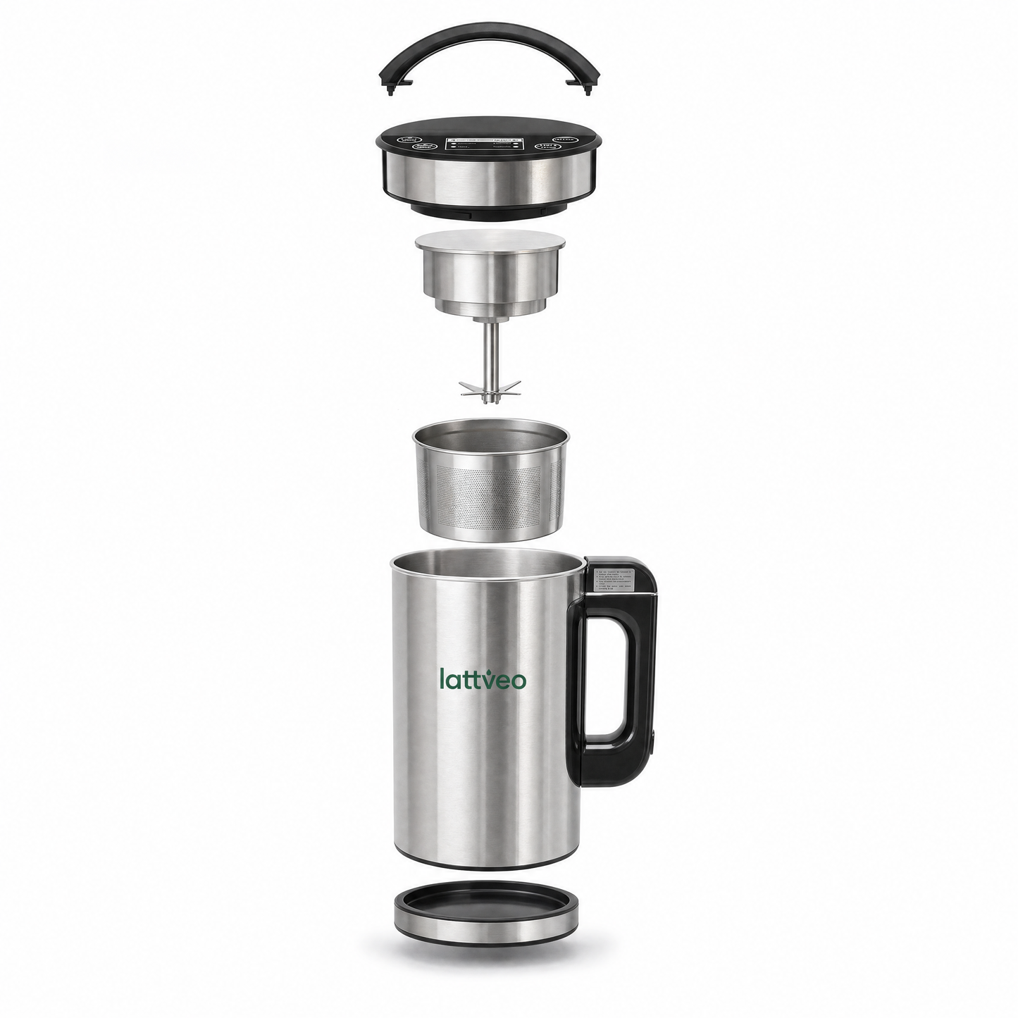 Exploded view of the Lattveo One: lid with controls, blade assembly, filter basket, stainless steel jug and base