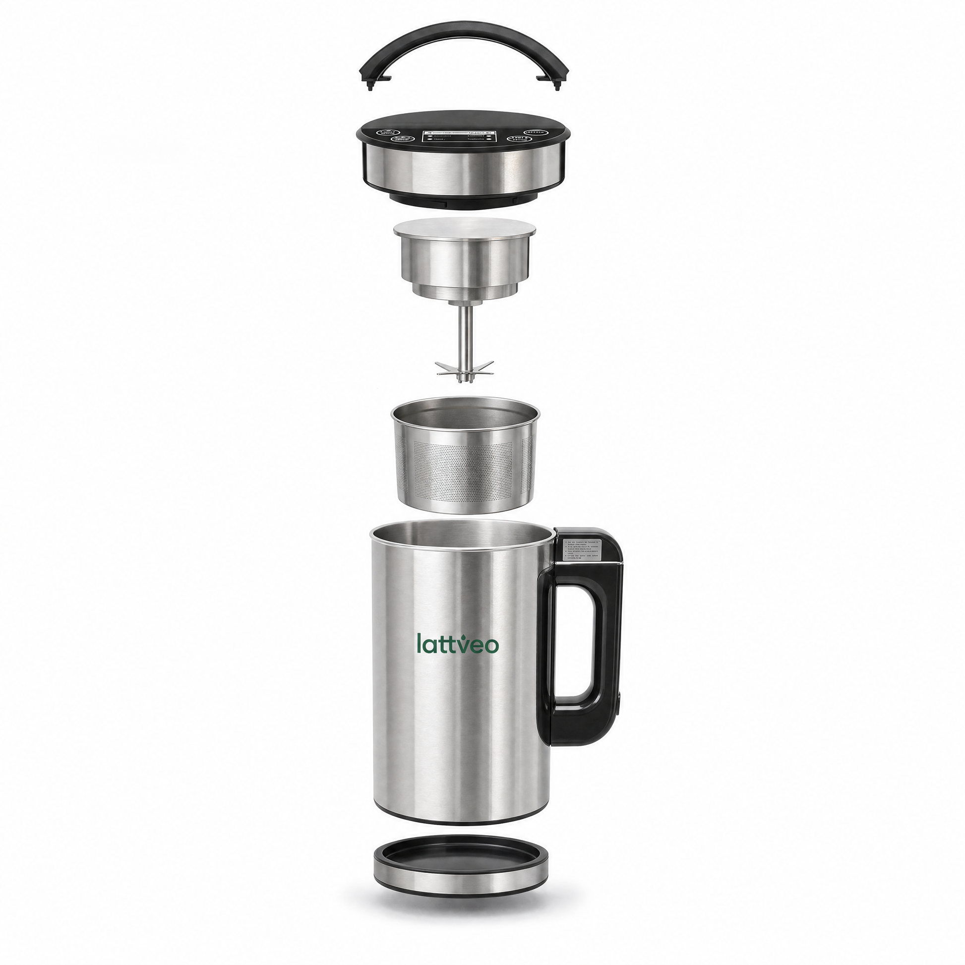Exploded view of the Lattveo One: lid with controls, blade assembly, filter basket, stainless steel jug and base