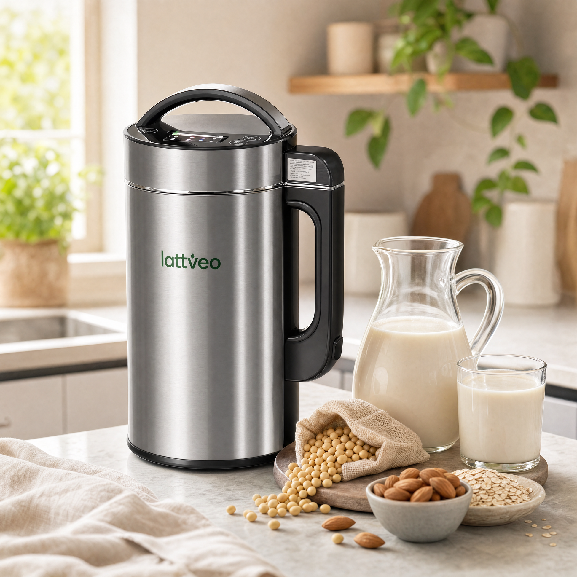 Lattveo One on a kitchen counter with fresh oat milk, soy beans, almonds and oats