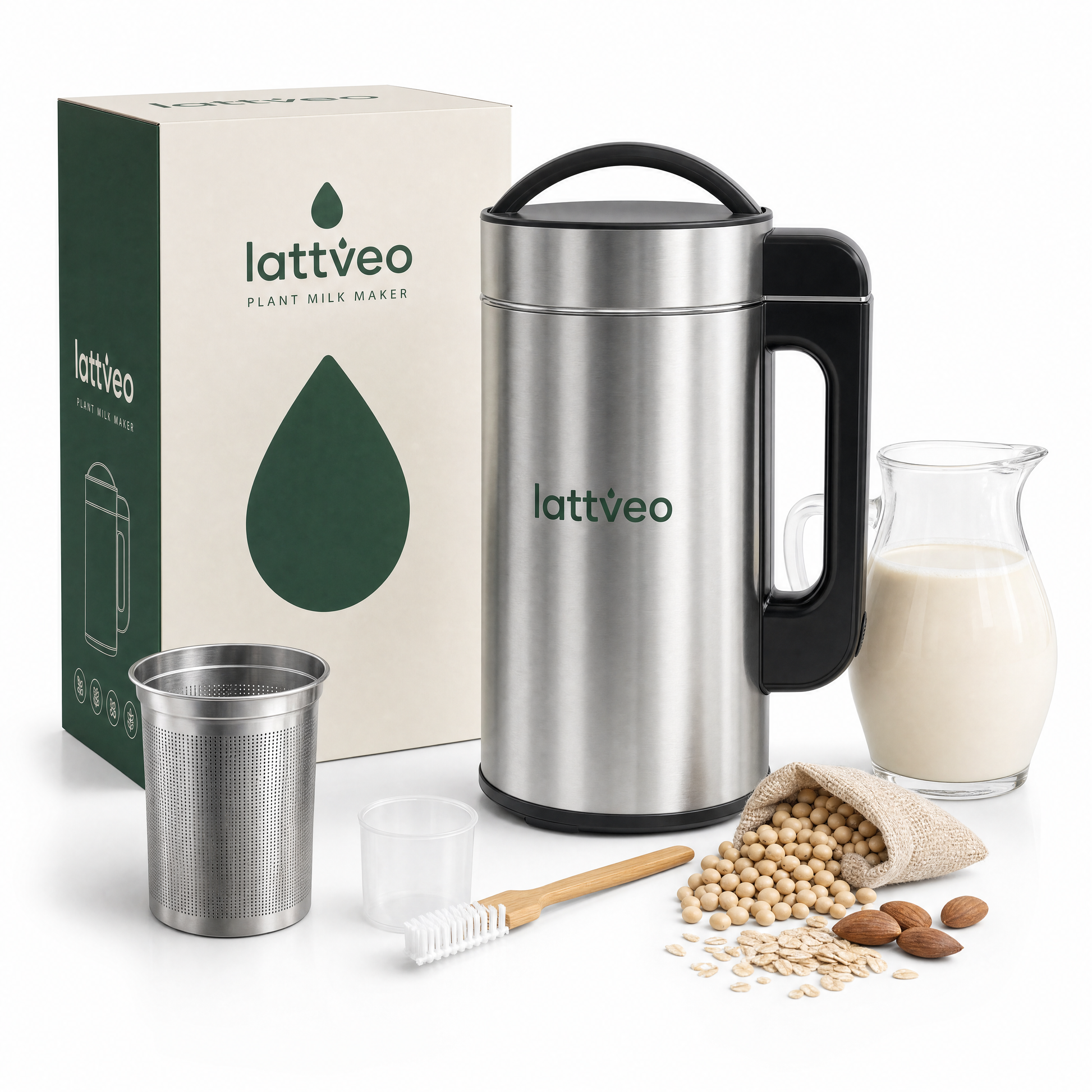 Lattveo One plant milk maker with box, filter basket, mini-pitcher, brush and fresh plant milk