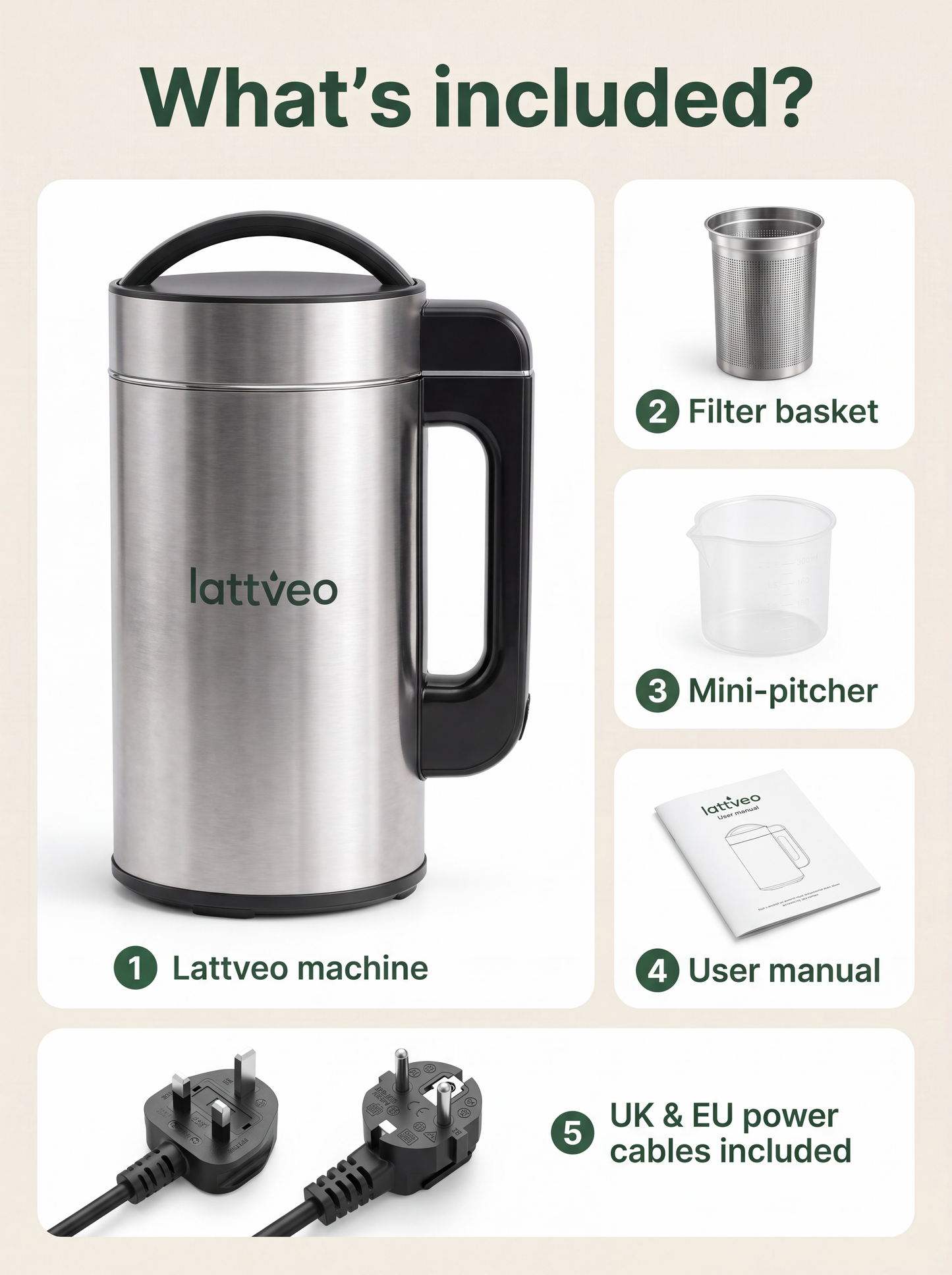 What's included with the Lattveo One: machine, filter basket, mini-pitcher, user manual, UK and EU power cables