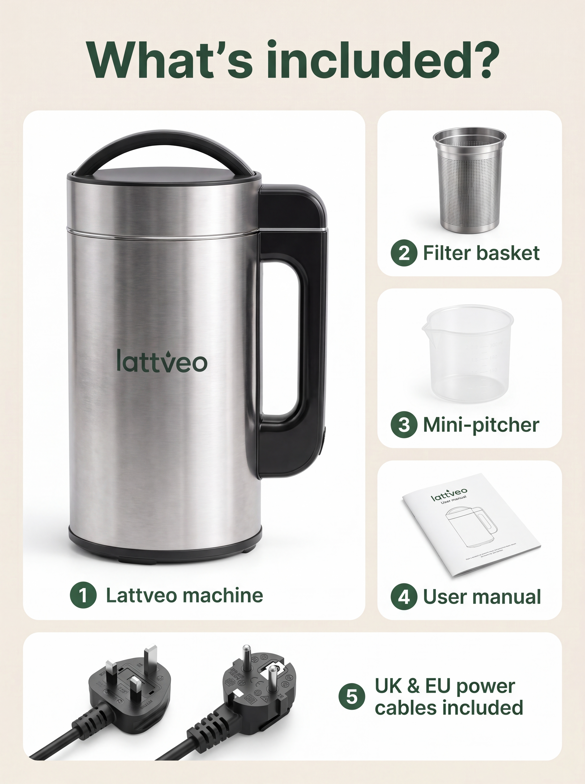 What's included with the Lattveo One: machine, filter basket, mini-pitcher, user manual, UK and EU power cables