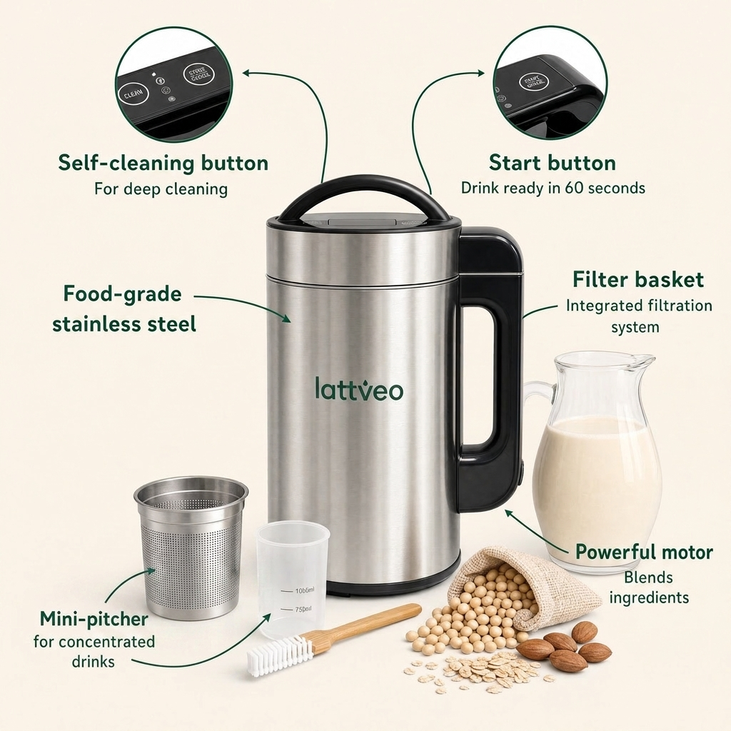 Lattveo One features: food-grade stainless steel, self-cleaning button, drink ready in 60 seconds, integrated filter basket, mini-pitcher and powerful motor